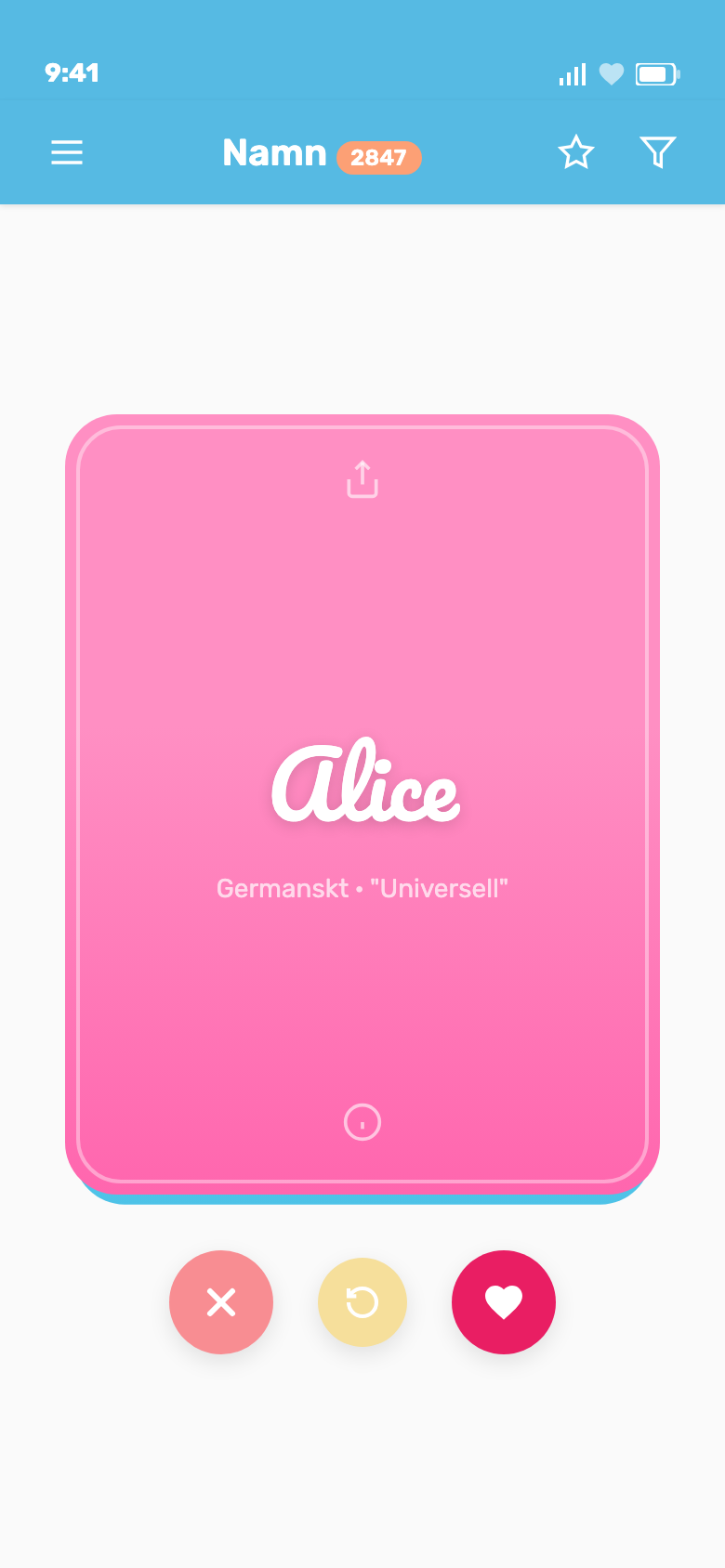 Durch Babynamen swipen — nach rechts für Gefällt mir, nach links für Weiter